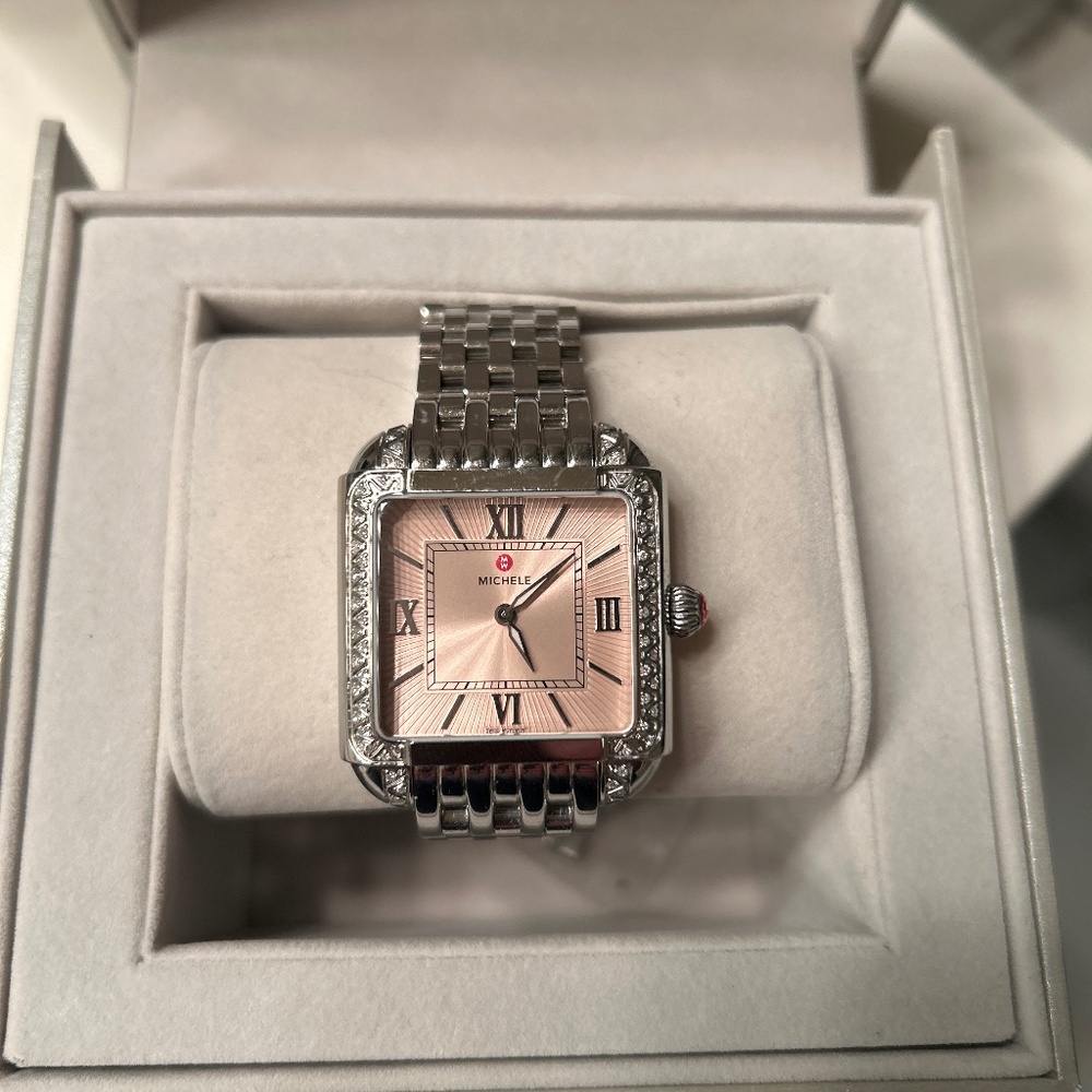 Michele Deco stainless steel diamond bezel watch